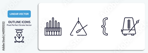 music and media outline icons set. music and media thin line icons pack included organ, music triangle, bracket, metronome vector.