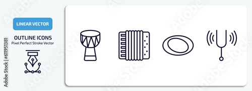 music and media outline icons set. music and media thin line icons pack included djembe, accordion, whole, tuning fork vector.