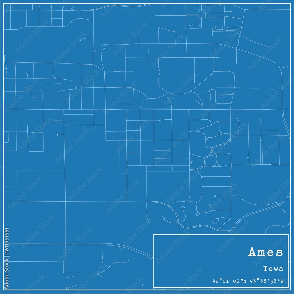 Blueprint US city map of Ames, Iowa.
