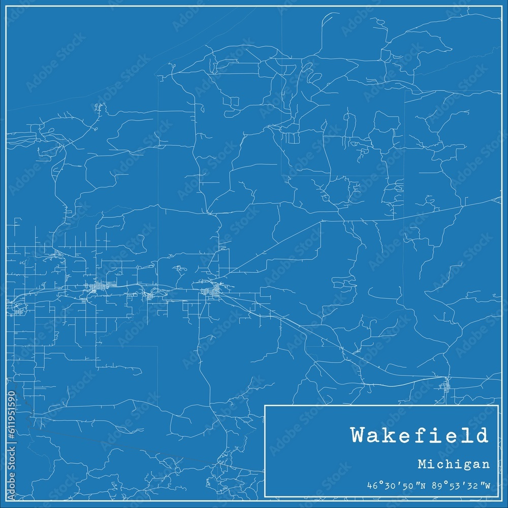 Blueprint US city map of Wakefield, Michigan.