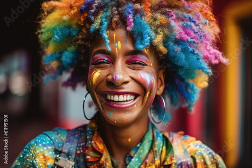 African woman in paint. Colorful portrait, positive mindset concept. Generative AI