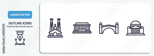 monuments collection. outline icons set. monuments collection. thin line icons pack included spain, national mall, stari most, bay vector.
