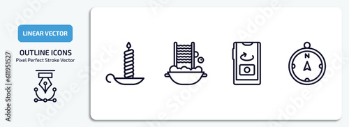 miscellaneous outline icons set. miscellaneous thin line icons pack included candlesticks, washboard, front camera, compass pointing north vector.