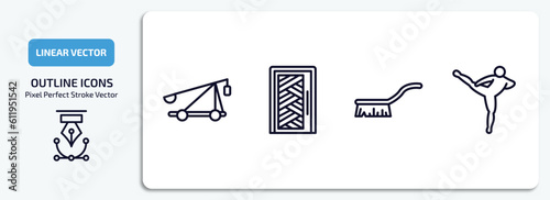 miscellaneous outline icons set. miscellaneous thin line icons pack included catapult, room door, cleaning brush, muay thai vector.