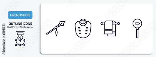 miscellaneous outline icons set. miscellaneous thin line icons pack included spears, body weight, towel rack, diminish vector.