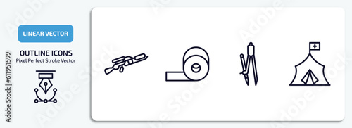 miscellaneous outline icons set. miscellaneous thin line icons pack included flame thrower, adhesive tape, school compass, refugee vector.