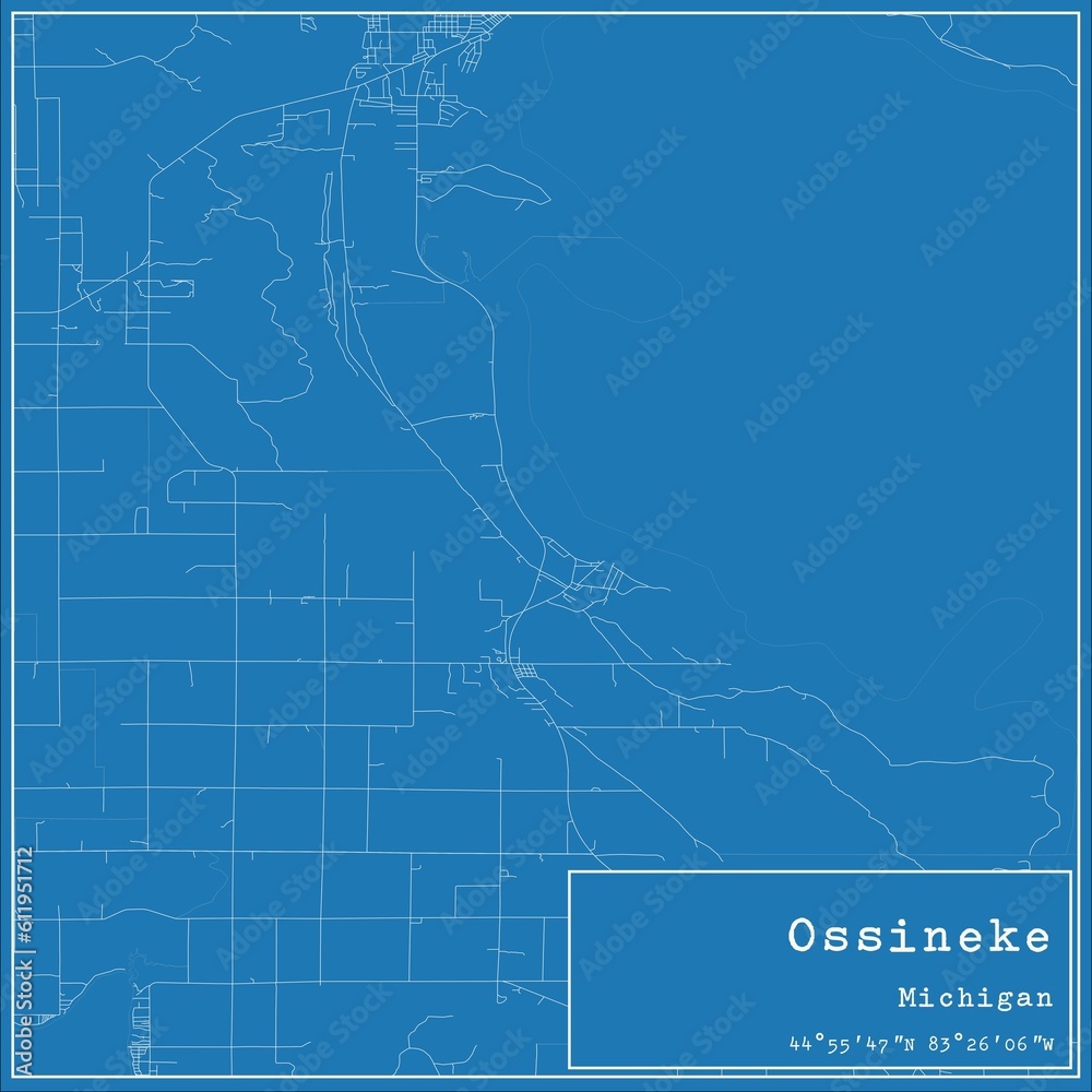 Blueprint US city map of Ossineke, Michigan.