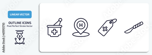 medical outline icons set. medical thin line icons pack included medicines bowl, hospital placeholder, tag with a cross, scalpel vector.