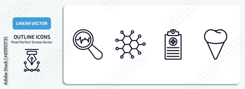 medical outline icons set. medical thin line icons pack included diagtic, molecular configuration, medical records, premolar vector.