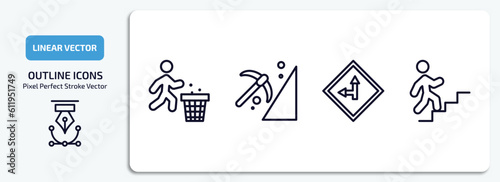 maps and flags outline icons set. maps and flags thin line icons pack included use dust bin, mining work zone, left side road, walking up stair vector.