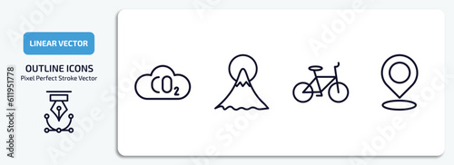 maps and flags outline icons set. maps and flags thin line icons pack included co2, mount fuji, bicycle, locato vector.