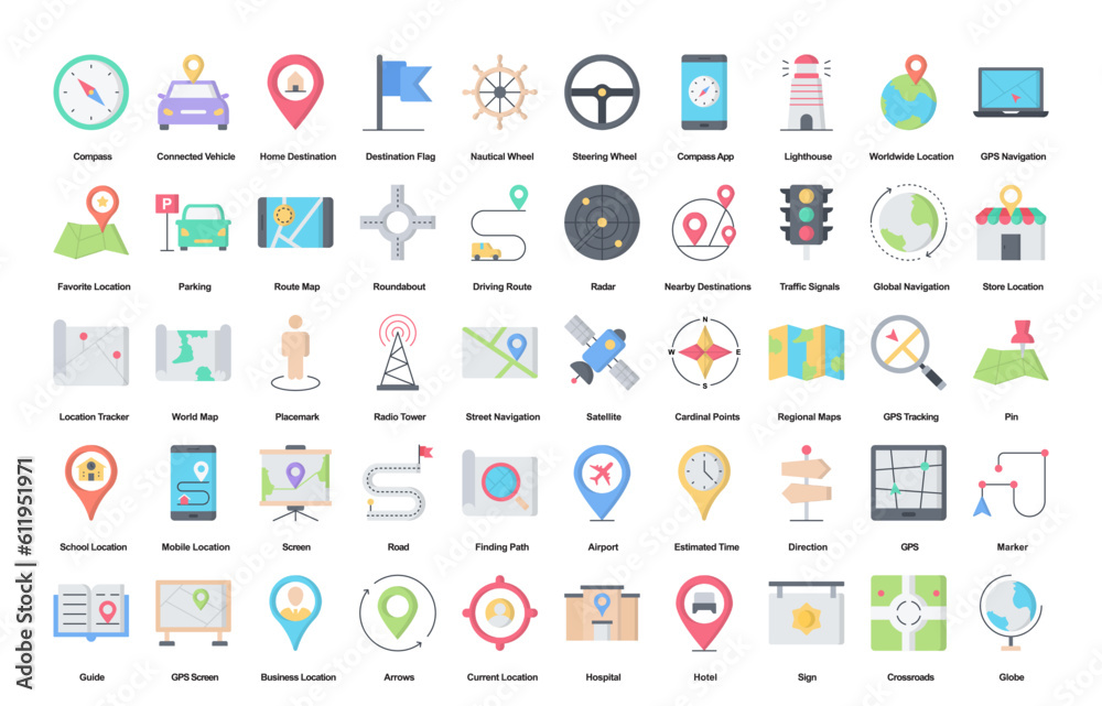 Navigation Flat Maps Route GPS Color Iconset 50 Vector Icons Navigation Flat Maps Route GPS Color Iconset 50 Vector Icons