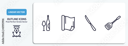 kitchen outline icons set. kitchen thin line icons pack included wine bottle, aluminum foil, steak knife, spatula vector.