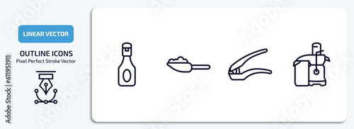 kitchen outline icons set. kitchen thin line icons pack included ketchup, scoop, garlic press, juicer vector.