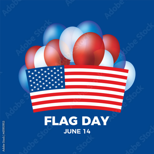 Flag Day United States on June 14 vector illustration. Flag of the United States and red, blue, white party balloons icon vector. American flag and floating balloons design element. Important day