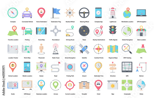 Navigation Flat Maps Route GPS Color Iconset 50 Vector Icons