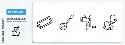 kitchen collection. outline icons set. kitchen collection. thin line icons pack included tray, skimmer, meat grinder, mitten vector.