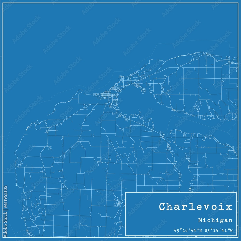 Blueprint US city map of Charlevoix, Michigan.