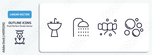 hygiene outline icons set. hygiene thin line icons pack included washbowl, douche, flossing, bubbles vector.