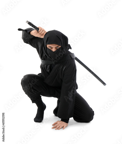 Male ninja with sword isolated on white