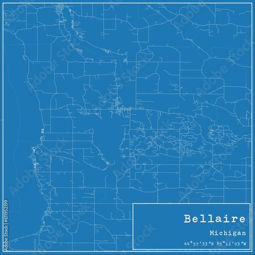 Blueprint US city map of Bellaire, Michigan.