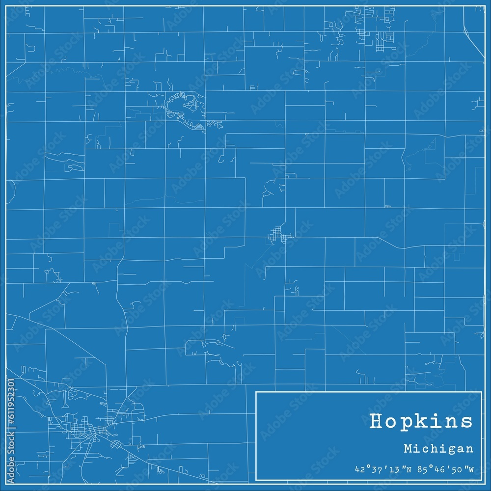 Blueprint US city map of Hopkins, Michigan.