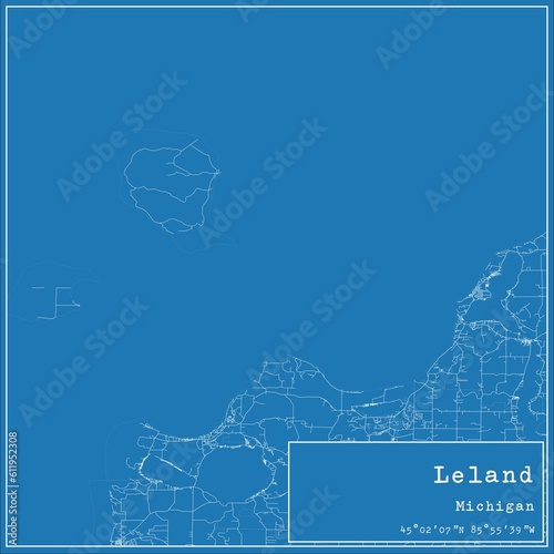 Blueprint US city map of Leland, Michigan. photo