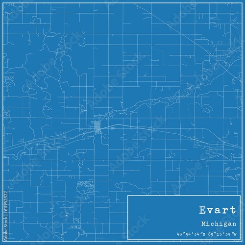 Blueprint US city map of Evart, Michigan.