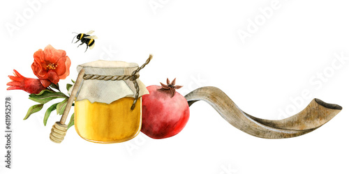 Rosh Hashanah Horizontal greeting banner template with honey jar, pomegranate fruit and flowers, long shofar horn watercolor illustration isolated on white for Jewish new year and yom kippur