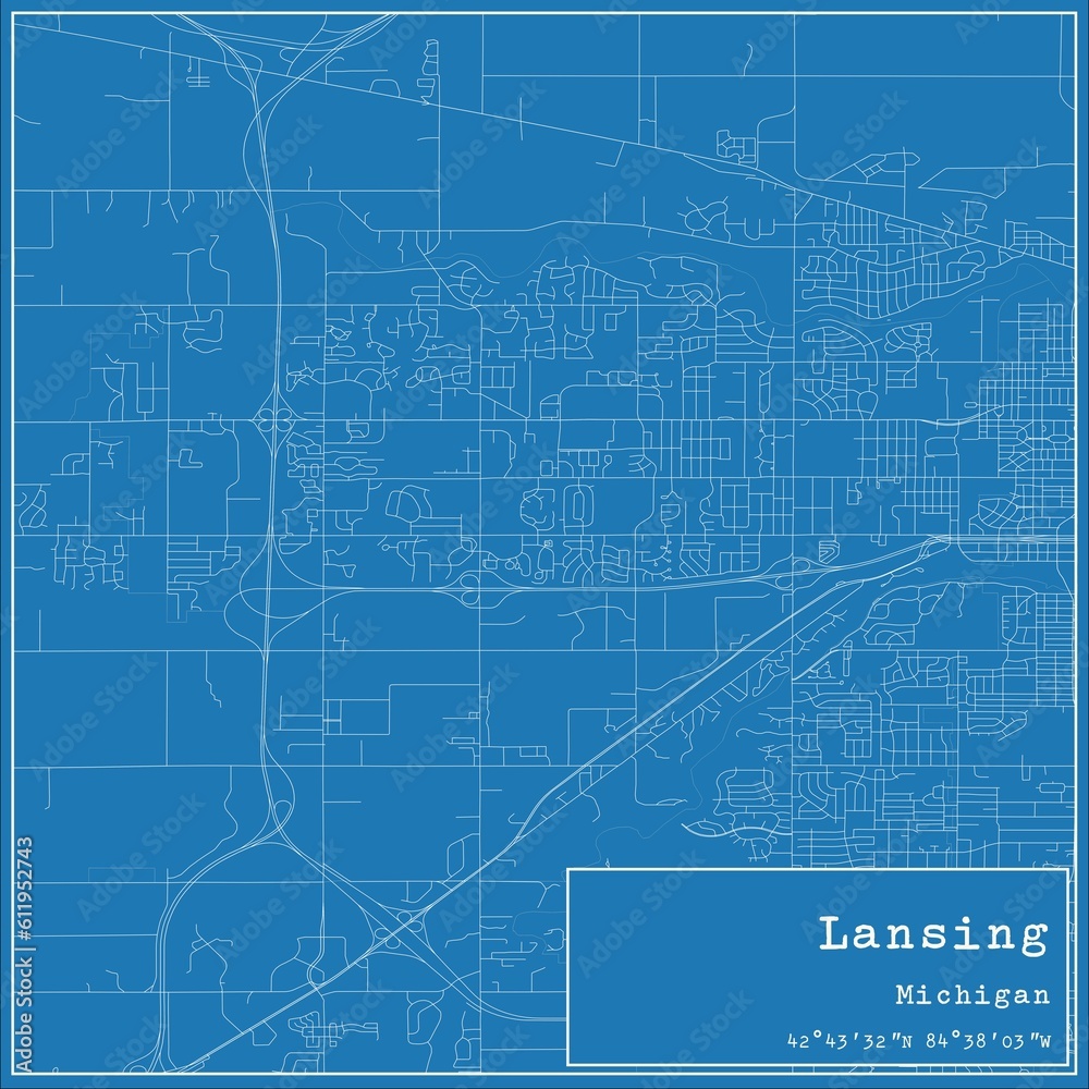 Blueprint US city map of Lansing, Michigan.