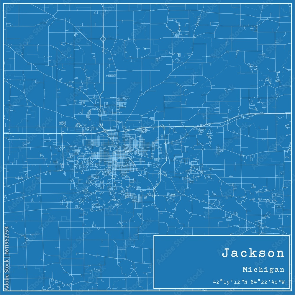 Blueprint US city map of Jackson, Michigan.