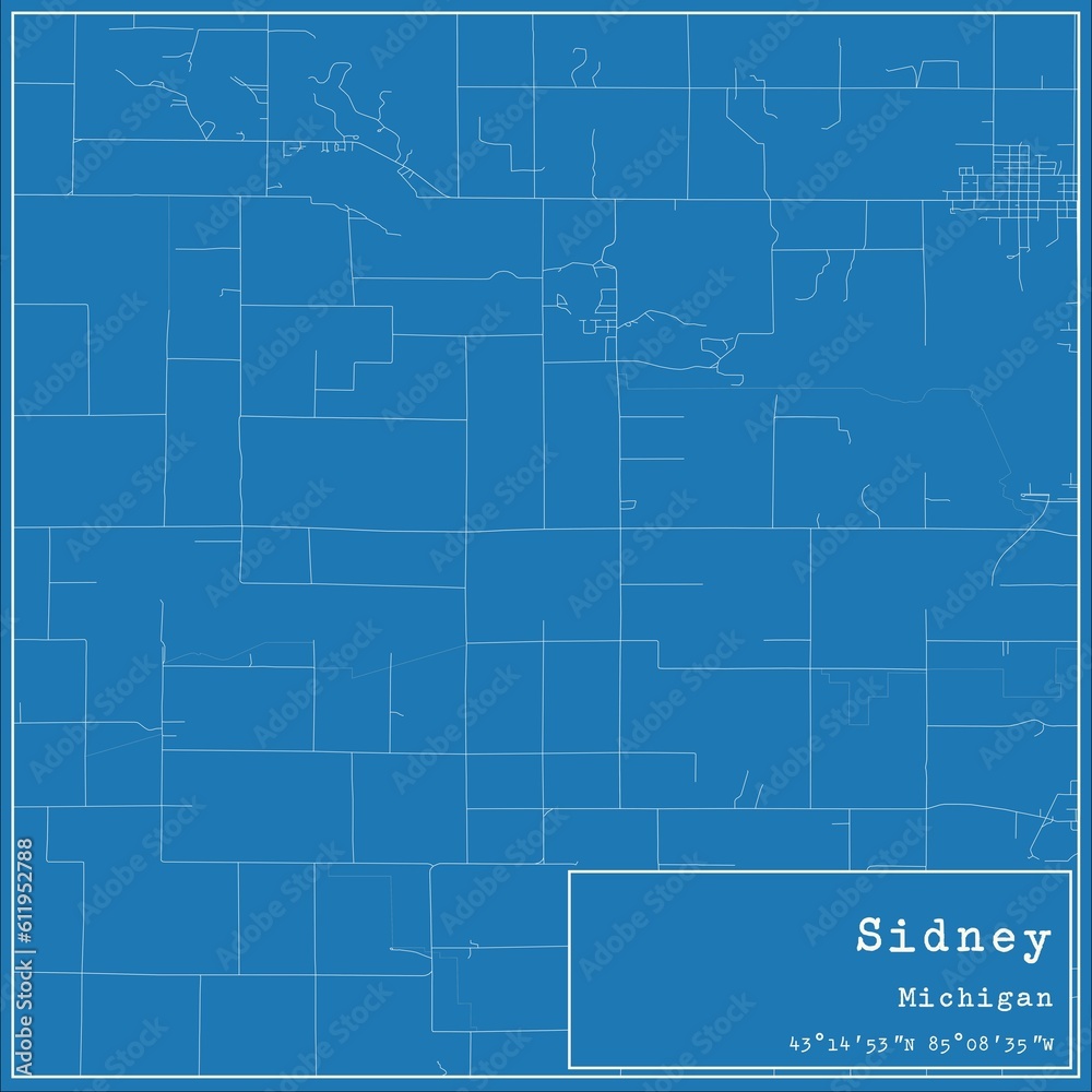 Blueprint US city map of Sidney, Michigan.