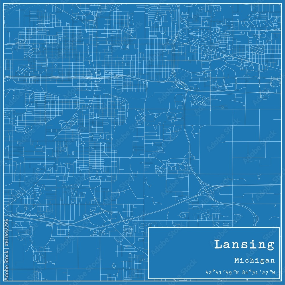 Blueprint US city map of Lansing, Michigan.