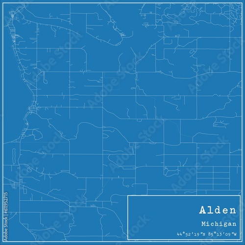 Blueprint US city map of Alden, Michigan.