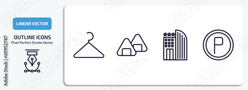 hotel and restaurant outline icons set. hotel and restaurant thin line icons pack included hanger, onigiri, hotel, parking vector.