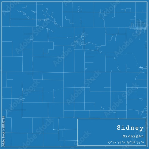 Blueprint US city map of Sidney, Michigan.