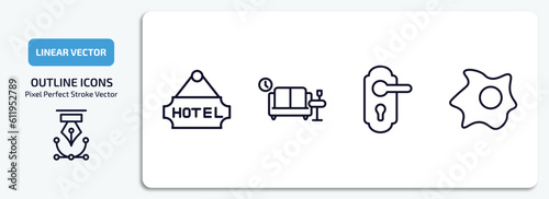hotel and restaurant outline icons set. hotel and restaurant thin line icons pack included hotel, lounge, doorknob, fried egg vector.