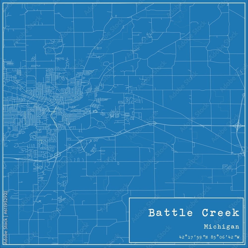 Blueprint US city map of Battle Creek, Michigan.