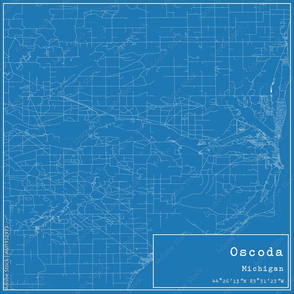 Blueprint US city map of Oscoda, Michigan. Blueprint US city map of Oscoda, Michigan.
