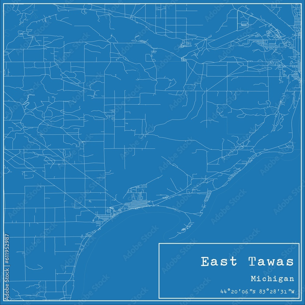 Blueprint US city map of East Tawas, Michigan.