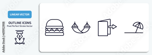 hotel and restaurant outline icons set. hotel and restaurant thin line icons pack included cheese burger, hammock, check out, beach umbrella vector.