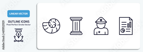 history outline icons set. history thin line icons pack included fossil, pillars, policeman, report vector.