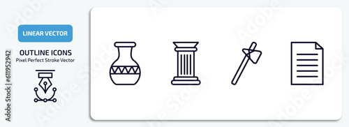 history outline icons set. history thin line icons pack included vase, columns, ancient weapon, paper vector.