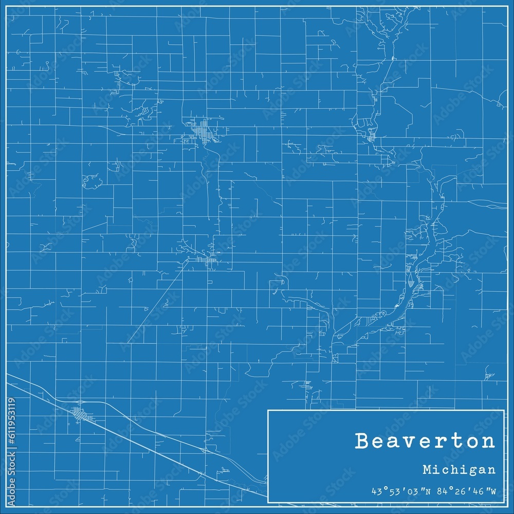Blueprint US city map of Beaverton, Michigan.