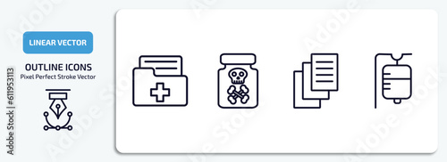 health and medical outline icons set. health and medical thin line icons pack included medical result, poisonous, records, saline vector.