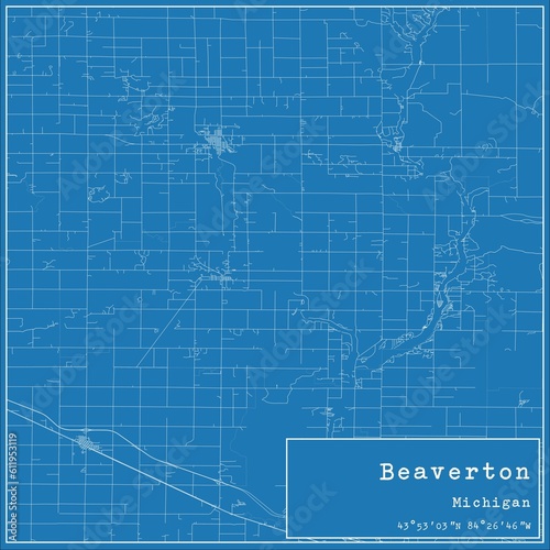 Blueprint US city map of Beaverton  Michigan.