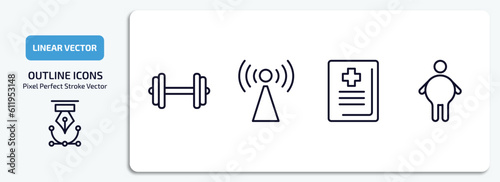 health and medical outline icons set. health and medical thin line icons pack included dumbbell, non ionizing radiation, medical book, fat vector.