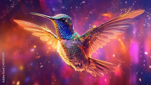 Hummingbird in flight. Colibri bird in cosmic space. Generative AI. Illustration for banner, poster, cover or presentation.