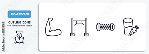 gym and fitness outline icons set. gym and fitness thin line icons pack included muscles, training apparatus, resistance, vegetables juice vector.