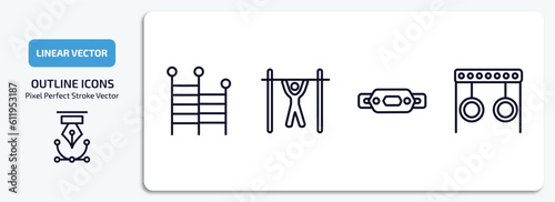 gym and fitness outline icons set. gym and fitness thin line icons pack included gym ladder, bar exercising, fitness belt, rings exercises vector.
